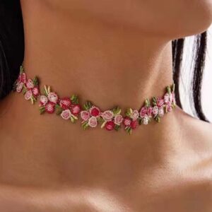 Sttiafay Boho Flower Lace Choker Necklace Pink Rose Choker Chain Vintage Floral Choker Collar Jewelry for Women Teen Girls