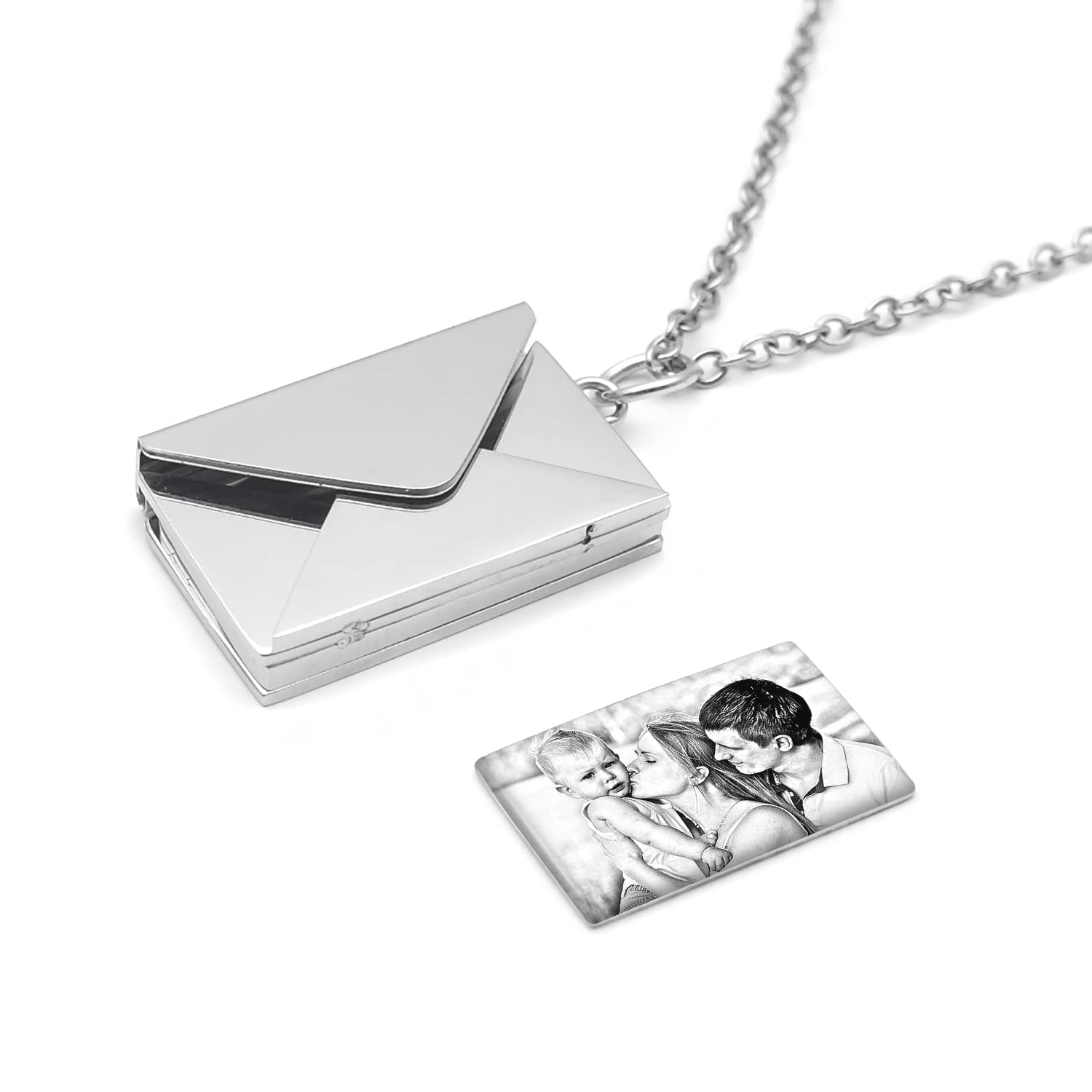 Personalized Envelope Necklace Custom Photo Necklace Collar Chain Pendant Envelope Locket Necklace Engraved Name Jewelry Silver Color