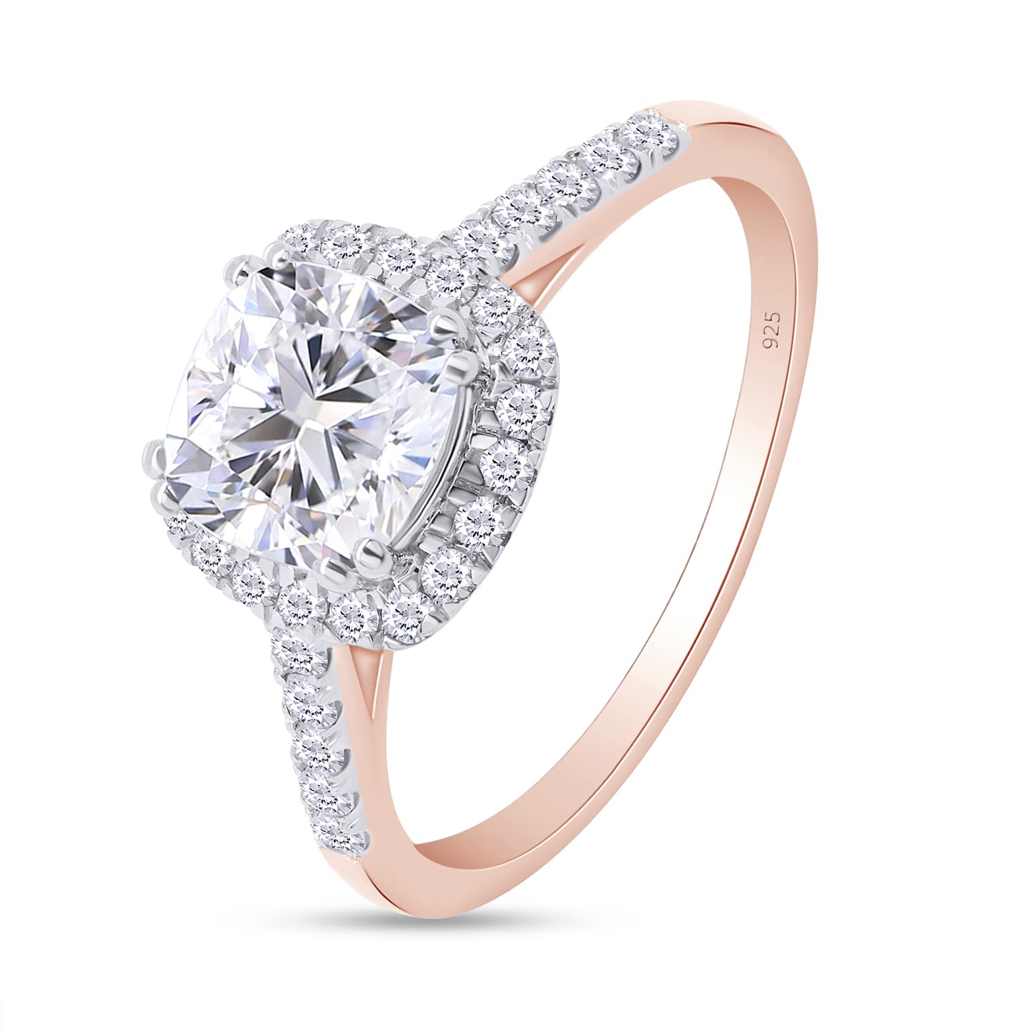 SAVEARTH DIAMONDS 14K Rose Gold Over 925 Sterling Silver Center 1ct 6X6mm G-H-I Color Cathedral Set Cushion Cut Lab Created Moissanite Diamond Halo Engagement Ring (VVS1 Clarity, 1.00 Ctw) Size-7.5