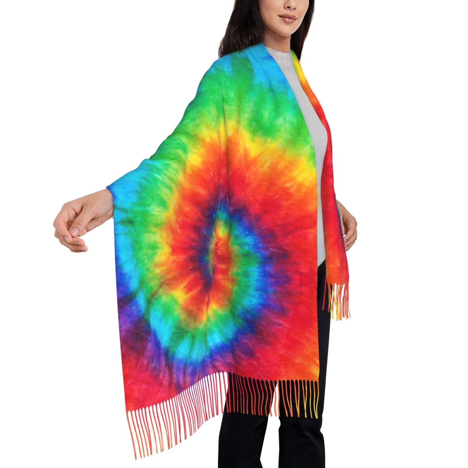 FATTTYCY Spiral Rainbow Tie Dye Soft Blanket Scarf Long Warm Shawl Wraps Cashmere Fringe Scarfs For Women