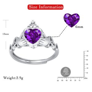 Claddagh February Amethyst Birthstone Rings - 925 Sterling Silver Adjustable Heart Gemstone Ring Traditional Irish Wedding Band Promise Eternity Bands Jewelry for Women (With Gift Box)