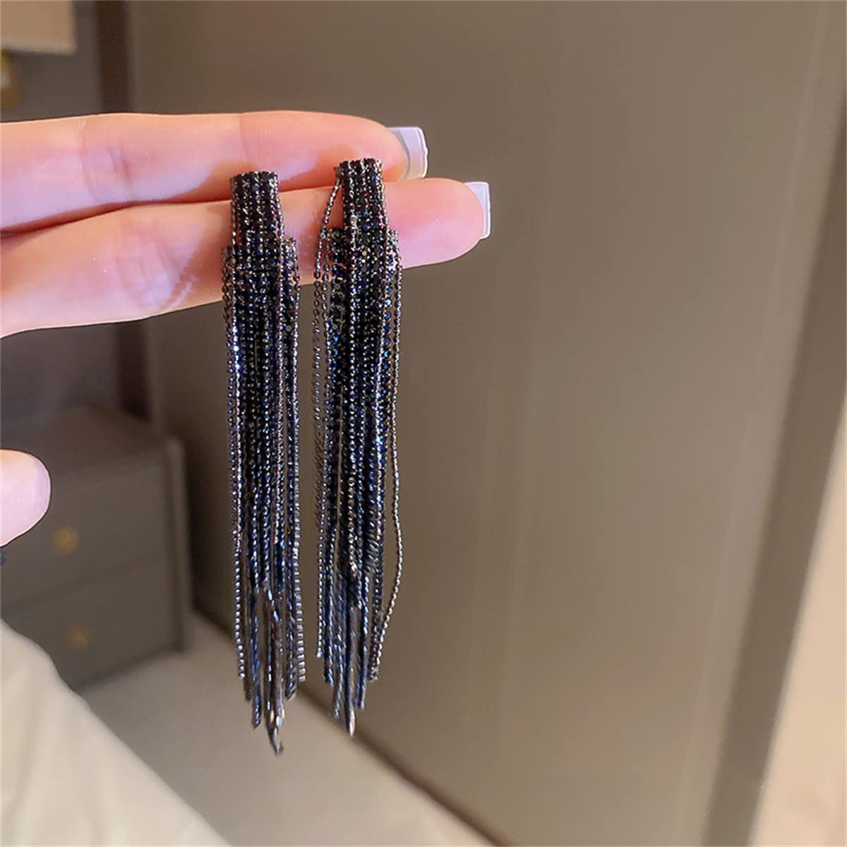 Black Rhinestone Long Tassel Earring.Chandelier Dangle Earrings Statement Crystal Drop Earring Fashion Jewelry Gifts for Women (Style A)