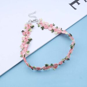 Sttiafay Boho Flower Lace Choker Necklace Pink Rose Choker Chain Vintage Floral Choker Collar Jewelry for Women Teen Girls