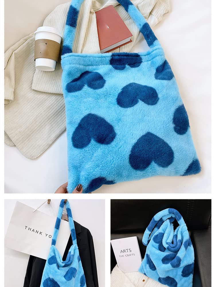 Fluffy Tote Bag Y2K Fuzzy Hobo Bag Purse Plush Furry Aesthetic Shoulder Bag for Autumn Winter (Blue)