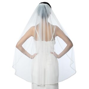 GAODESI Wedding Veil Pearls and Crystals Beaded Edge 1 Tier Fingertip Length Bridal Veil