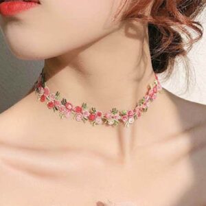 Sttiafay Boho Flower Lace Choker Necklace Pink Rose Choker Chain Vintage Floral Choker Collar Jewelry for Women Teen Girls