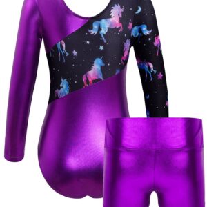 winying Kids Girls Long Sleeve Unitard Bodysuit with Shorts Fitness Gymnastic Leotard Dancewear Purple 6 Years