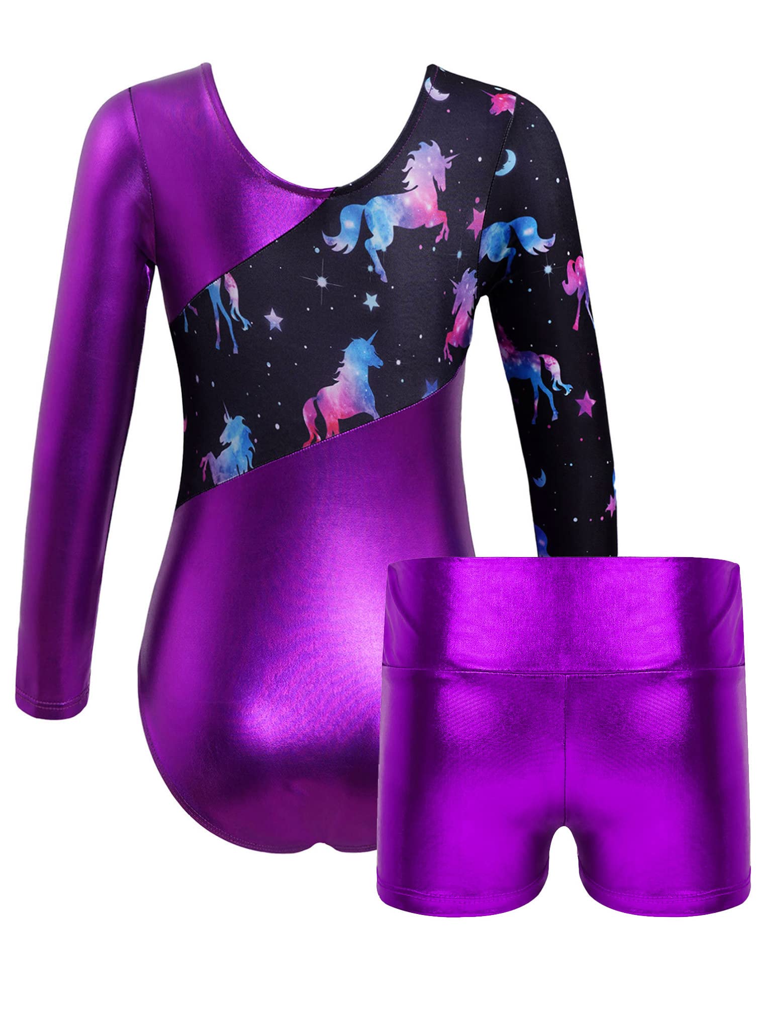 winying Kids Girls Long Sleeve Unitard Bodysuit with Shorts Fitness Gymnastic Leotard Dancewear Purple 6 Years