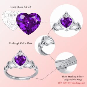 Claddagh February Amethyst Birthstone Rings - 925 Sterling Silver Adjustable Heart Gemstone Ring Traditional Irish Wedding Band Promise Eternity Bands Jewelry for Women (With Gift Box)