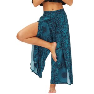 Lu's Chic Women's Boho Gaucho Pants Wide Leg Harem Yoga Flowy Bohemian Side Split Palazzo Lounge Casual Printed Slitted Slits Beach Summer Navy Floral Pant Patterned1 Small-Medium