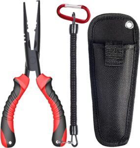 fishing pliers lip grip, carbon steel hook removers pliers, multi-function fishing tools (7" red long tip nose)