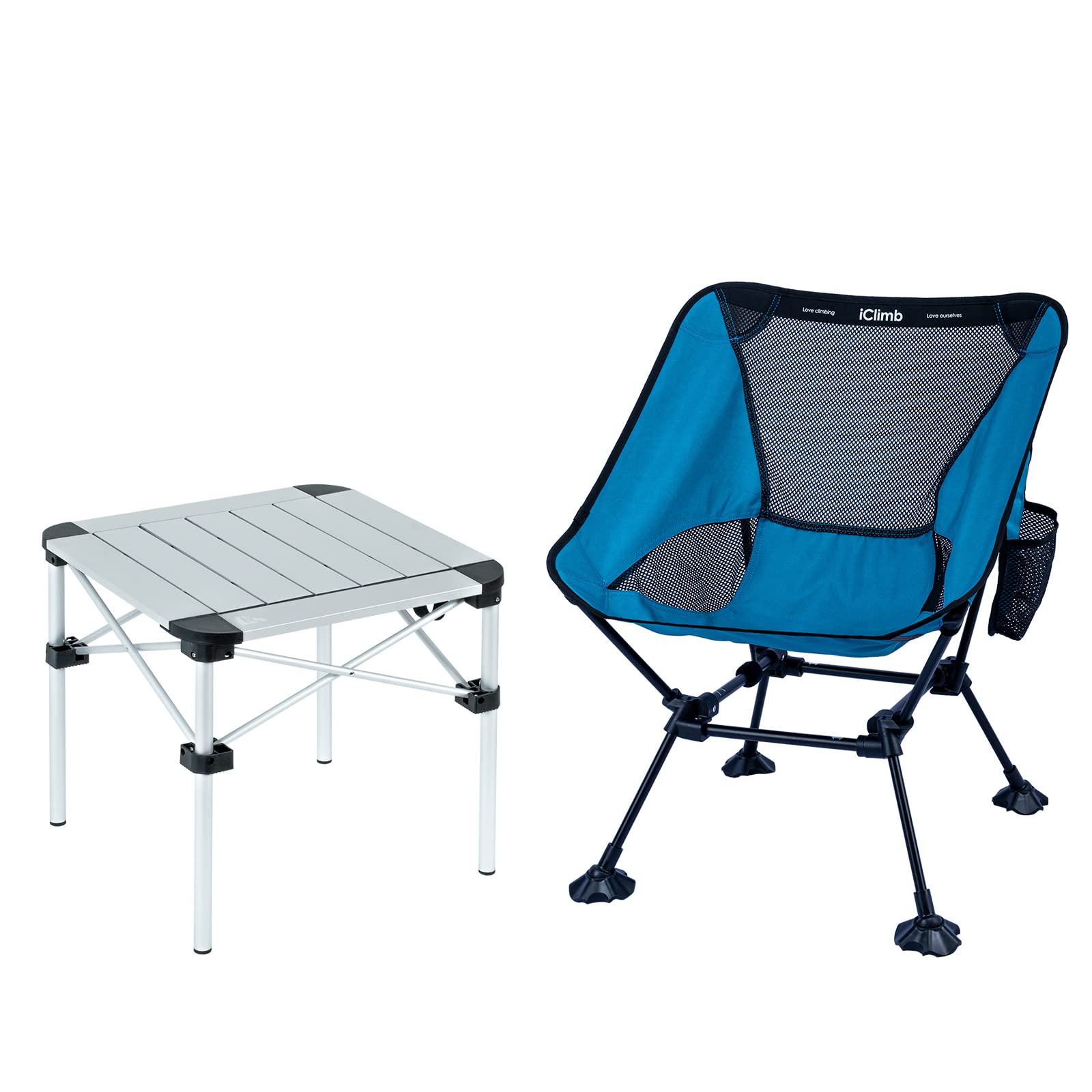 iClimb 1 Ultralight Compact Anti-Sinking Large Feet Chair and 1 Lightweight Stable Folding Square Table Bundle, for Single Adult Outdoor Backpacking Hiking Camping Beach Concert