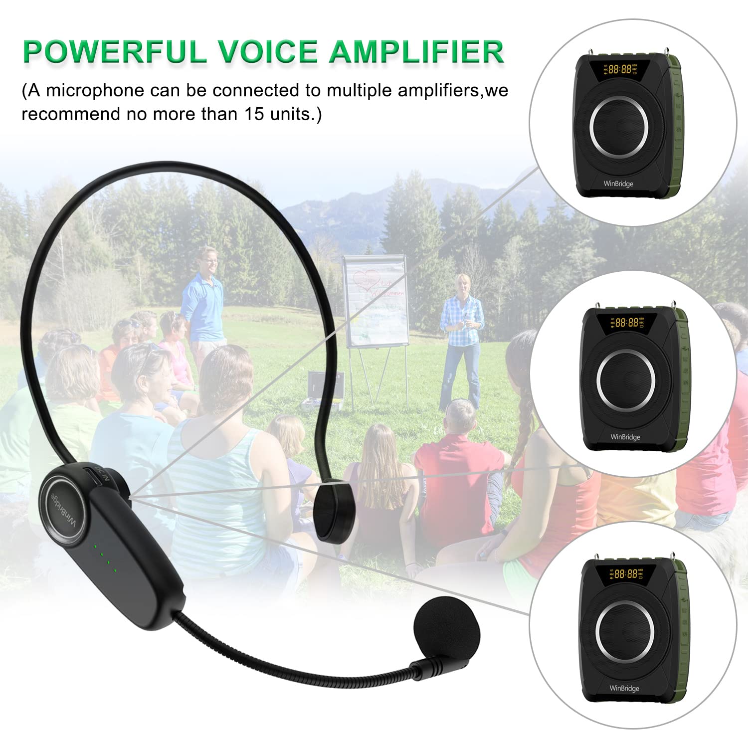 Portable Bluetooth Voice Amplifier with Wireless Mic Headset, Waterproof Personal Microphone with Speaker Portable PA System, 20W Loudly Megaphone for Teachers, Safety Drills, Outdoors Indoors