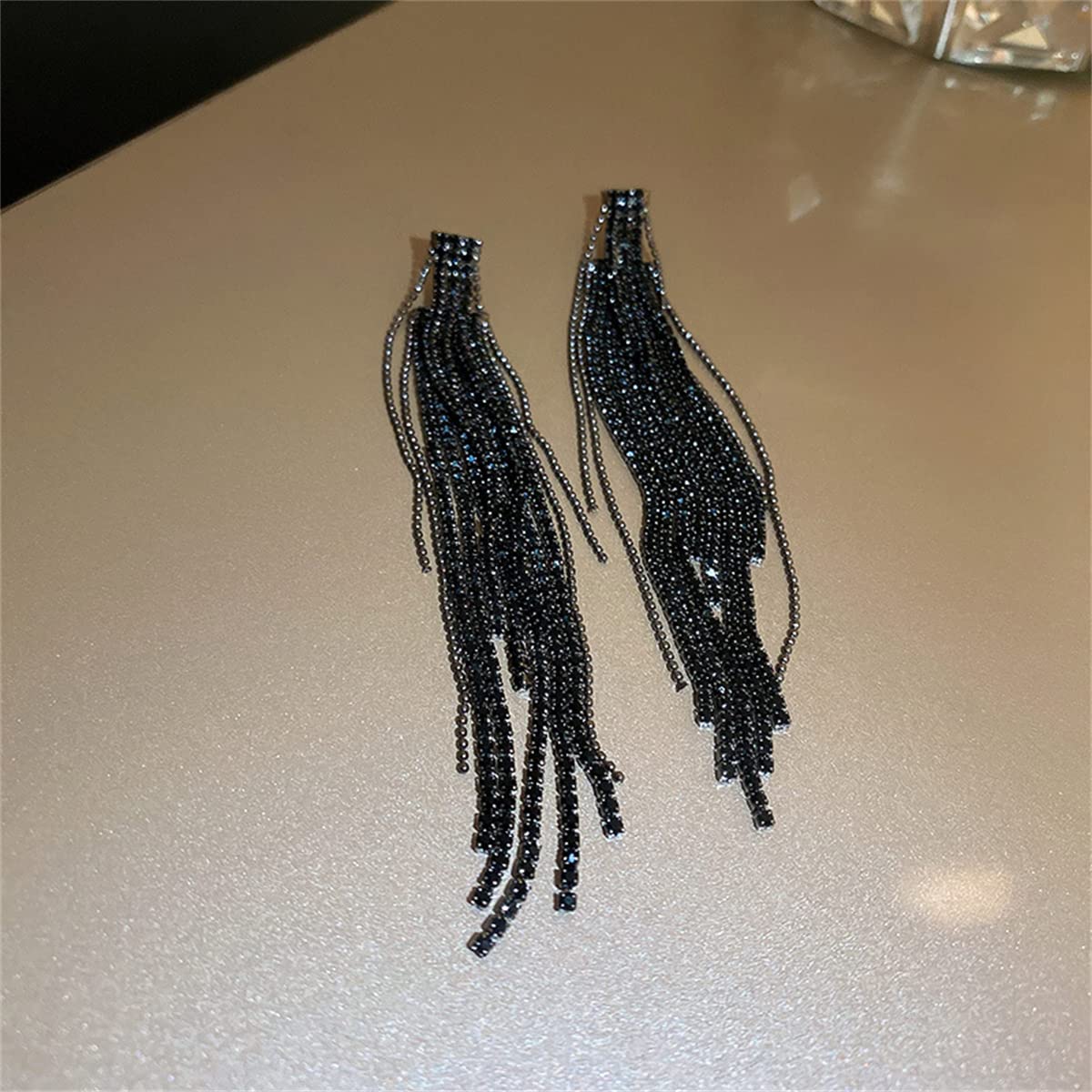 Black Rhinestone Long Tassel Earring.Chandelier Dangle Earrings Statement Crystal Drop Earring Fashion Jewelry Gifts for Women (Style A)