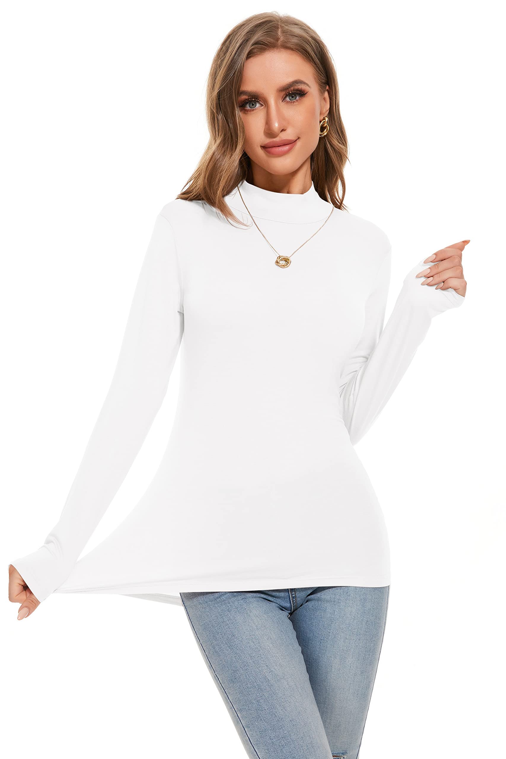 Women's Long Sleeve Turtleneck Layering Tops Classic Mock Neck Slim Fitted Undershirts White X-Large