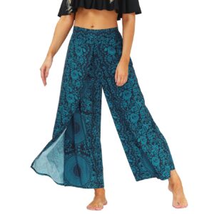 Lu's Chic Women's Boho Gaucho Pants Wide Leg Harem Yoga Flowy Bohemian Side Split Palazzo Lounge Casual Printed Slitted Slits Beach Summer Navy Floral Pant Patterned1 Small-Medium