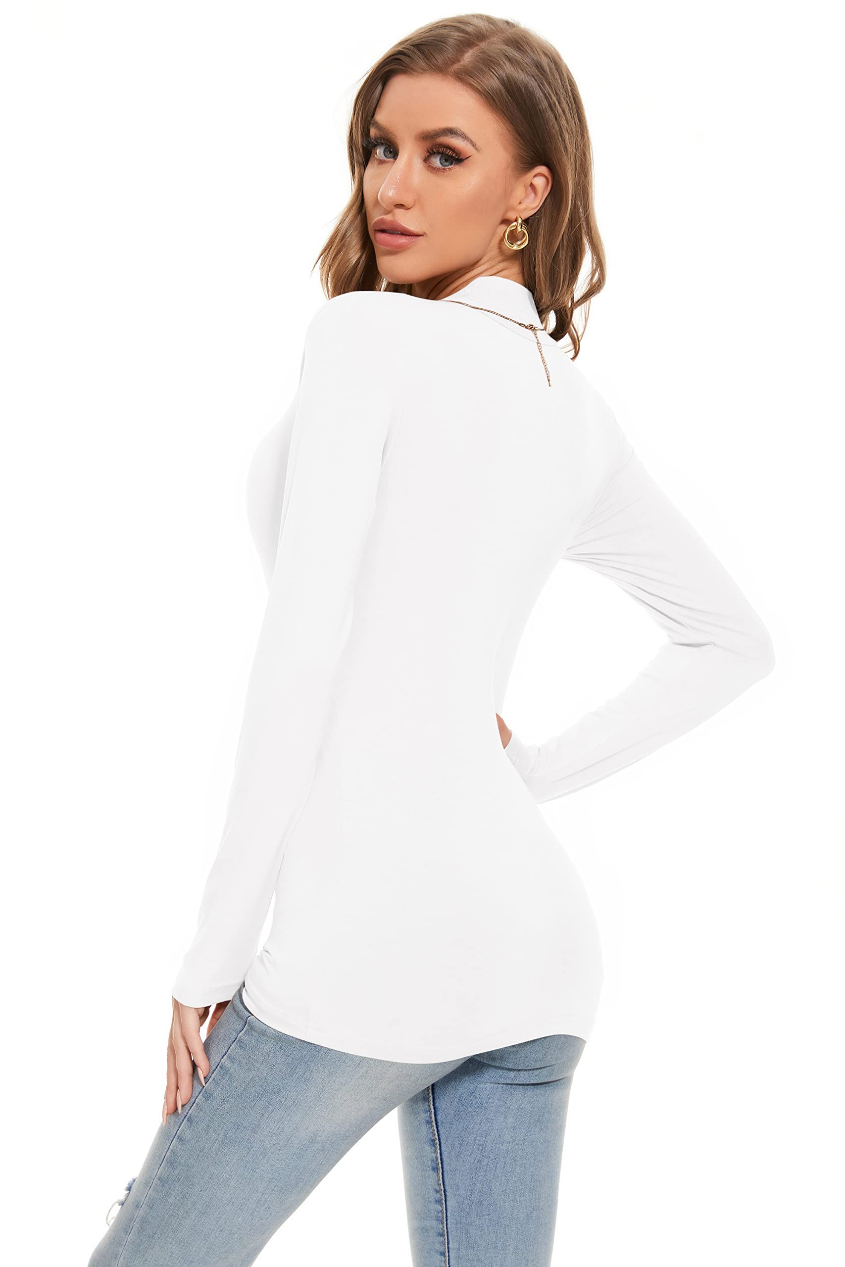 Women's Long Sleeve Turtleneck Layering Tops Classic Mock Neck Slim Fitted Undershirts White X-Large