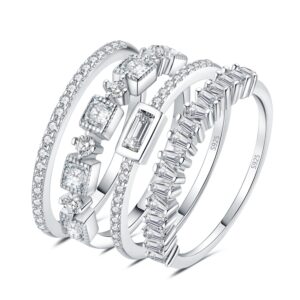 JewelryPalace Princess Emerald Cut CZ Stackable Wedding Ring Eternity Bands for Women, Cubic Zirconia 925 Sterling Silver 14K White Gold Plated Promise Ring for Her, 4pc Anniversary Ring Sets 9