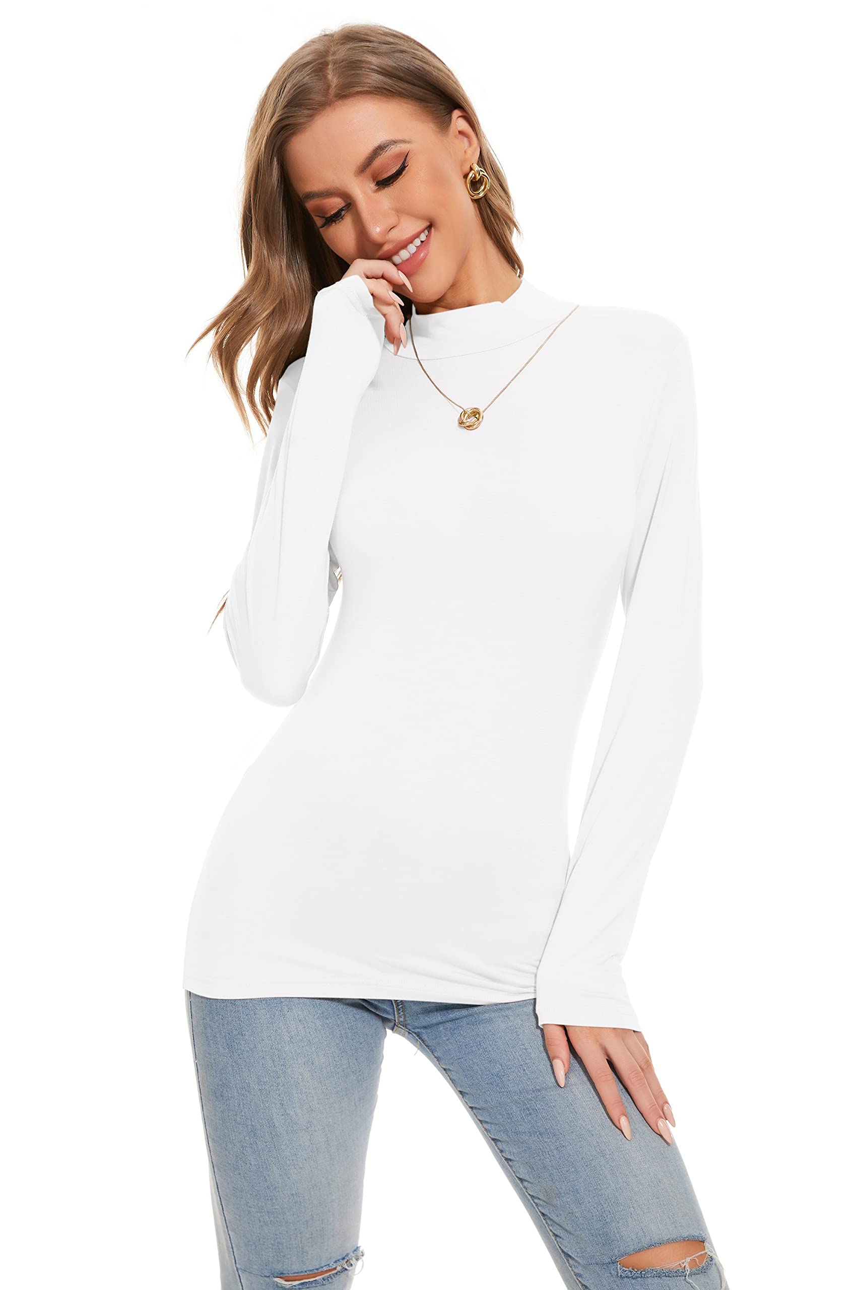 Women's Long Sleeve Turtleneck Layering Tops Classic Mock Neck Slim Fitted Undershirts White X-Large