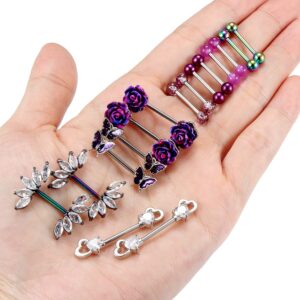 Cisyozi 14G Nipple Ring Piercing Jewelry for Women Stainless Surgical Steel Flower Sexy Nipple Nipplering Belly Tongue Ring Barbell Bar Stud Hoop Set Pack Piercin Jewelry 14mm Purple Colorful Rainbow