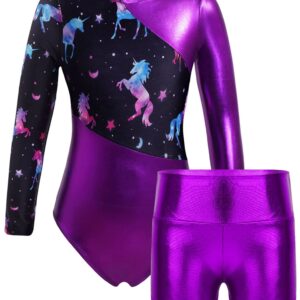 winying Kids Girls Long Sleeve Unitard Bodysuit with Shorts Fitness Gymnastic Leotard Dancewear Purple 6 Years