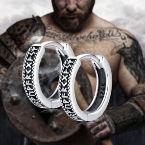 Odinstone Norse Viking Runes Hoop Earrings for Men Women 925 Sterling Silver Hoop Earrings Viking Amulet Vegvisir Talisman Jewelry Gift