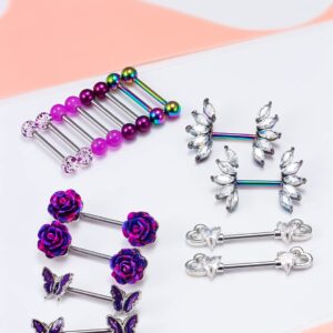 Cisyozi 14G Nipple Ring Piercing Jewelry for Women Stainless Surgical Steel Flower Sexy Nipple Nipplering Belly Tongue Ring Barbell Bar Stud Hoop Set Pack Piercin Jewelry 14mm Purple Colorful Rainbow