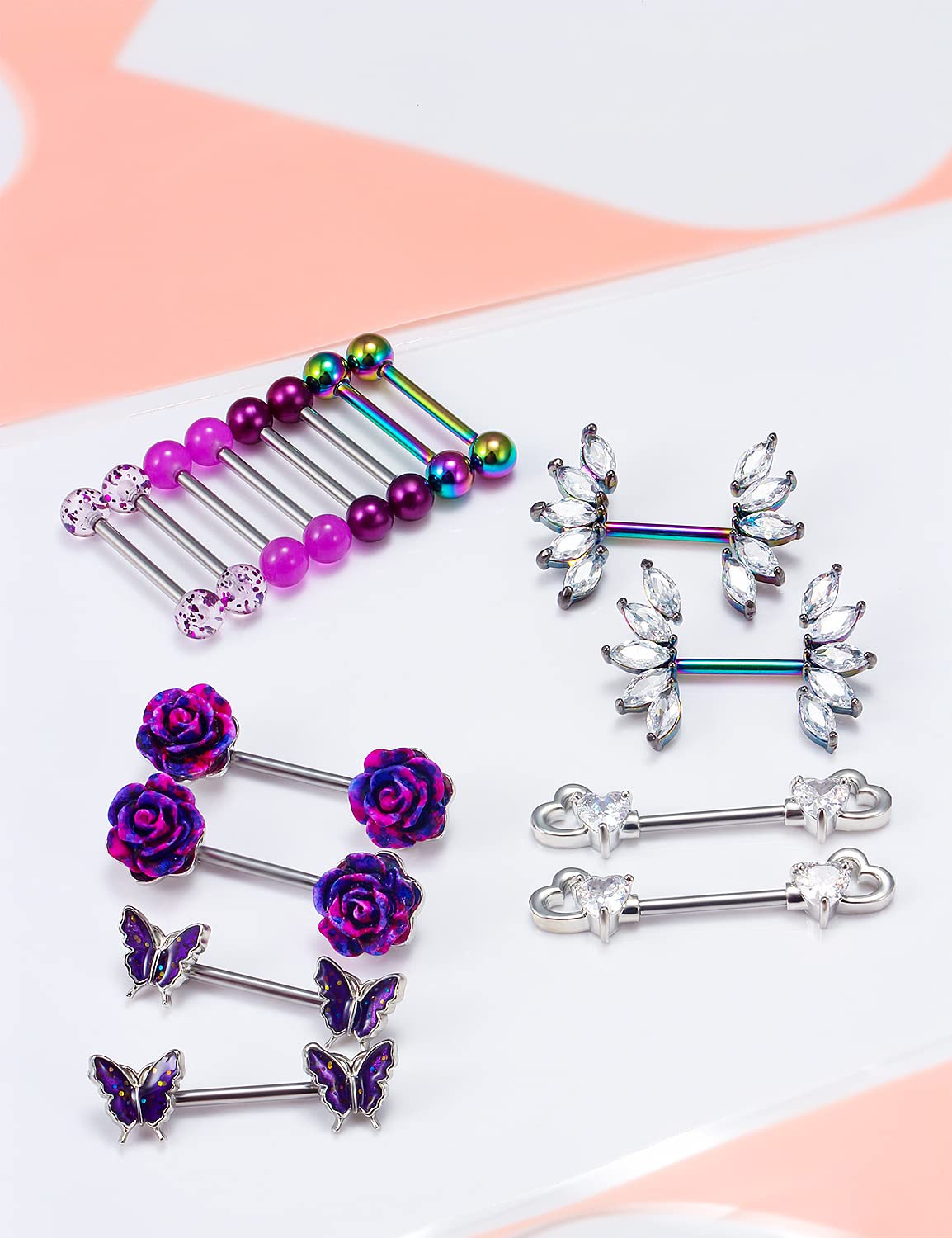 Cisyozi 14G Nipple Ring Piercing Jewelry for Women Stainless Surgical Steel Flower Sexy Nipple Nipplering Belly Tongue Ring Barbell Bar Stud Hoop Set Pack Piercin Jewelry 14mm Purple Colorful Rainbow