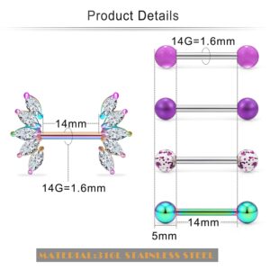 Cisyozi 14G Nipple Ring Piercing Jewelry for Women Stainless Surgical Steel Flower Sexy Nipple Nipplering Belly Tongue Ring Barbell Bar Stud Hoop Set Pack Piercin Jewelry 14mm Purple Colorful Rainbow