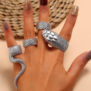 Sttiafay Punk Snake Rings Set for Women Men Stackable Knuckle Matching Rings Silver Serpent Index Finger Rings Halloween Cosplay Accessories