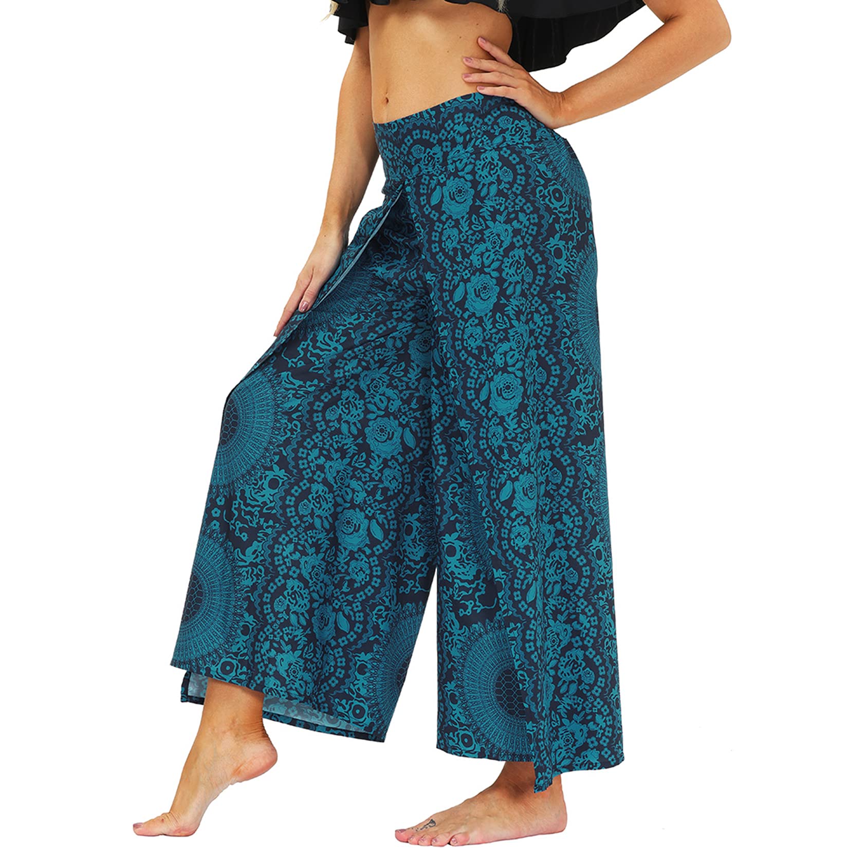 Lu's Chic Women's Boho Gaucho Pants Wide Leg Harem Yoga Flowy Bohemian Side Split Palazzo Lounge Casual Printed Slitted Slits Beach Summer Navy Floral Pant Patterned1 Small-Medium