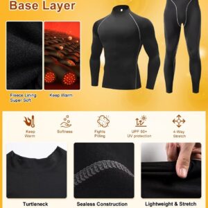 Thermal Underwear for Men Hunting Ski Base Layer Men Cold Weather Fleece Lined Long Johns for Men Turtleneck Thermal Compression Shirts for Men Top and Bottom Underlayer Set,Quick Dry 32375 Black L