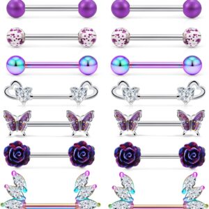 Cisyozi 14G Nipple Ring Piercing Jewelry for Women Stainless Surgical Steel Flower Sexy Nipple Nipplering Belly Tongue Ring Barbell Bar Stud Hoop Set Pack Piercin Jewelry 14mm Purple Colorful Rainbow