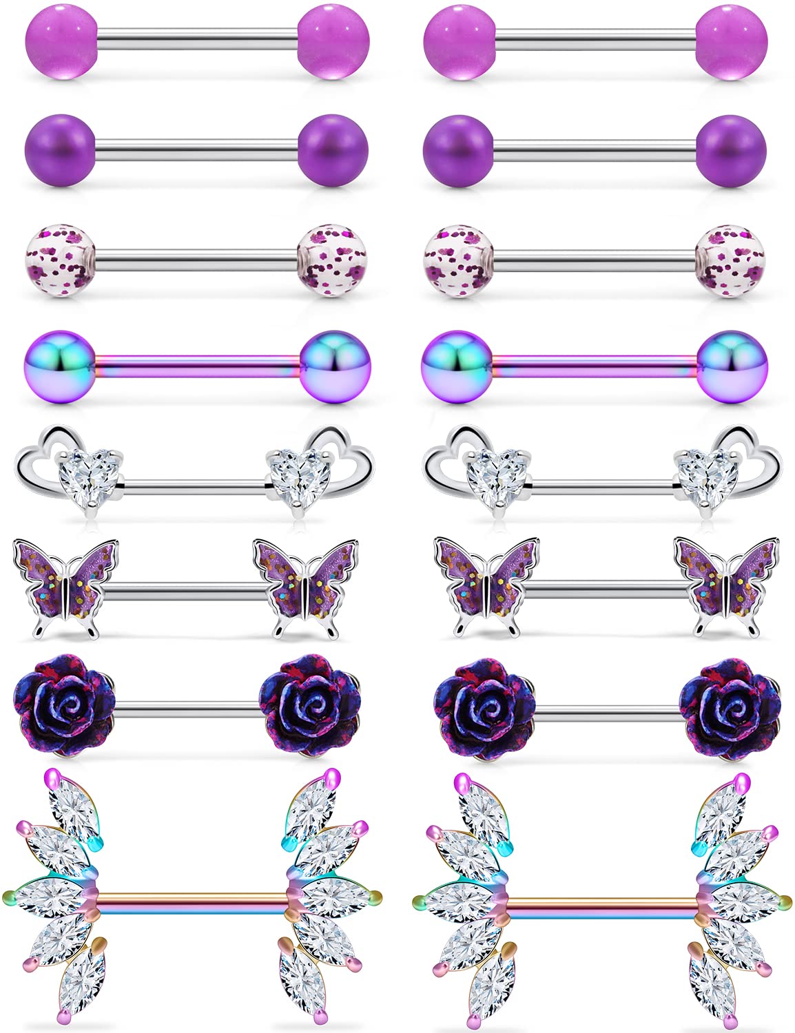 Cisyozi 14G Nipple Ring Piercing Jewelry for Women Stainless Surgical Steel Flower Sexy Nipple Nipplering Belly Tongue Ring Barbell Bar Stud Hoop Set Pack Piercin Jewelry 14mm Purple Colorful Rainbow