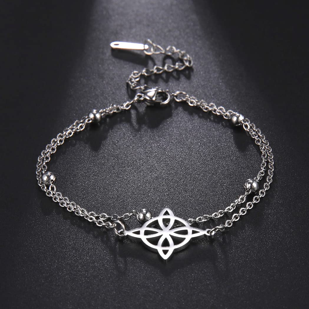 Witches Knot Bracelet For Women Stainless Steel Celtic Knot Wiccan Symbol Layered Bracelet Unique Charm Adjustable Double Layer Bracelet Jewelry Gifts (silver 1, Stainless Steel)