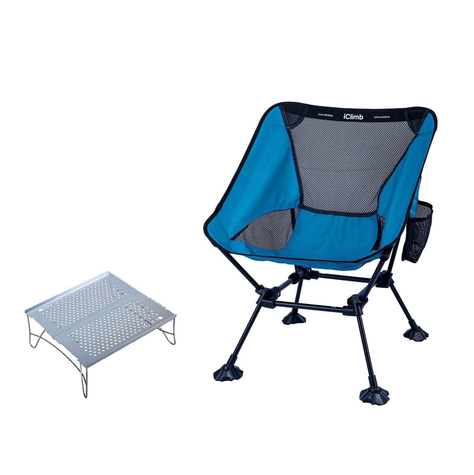 iClimb 1 Anti-Sinking Large Feet Chair and 1 Solo Mini Folding Table Bundle, Ultralight Compact for Single Adult Outdoor Backpacking Hiking Camping Beach Concert