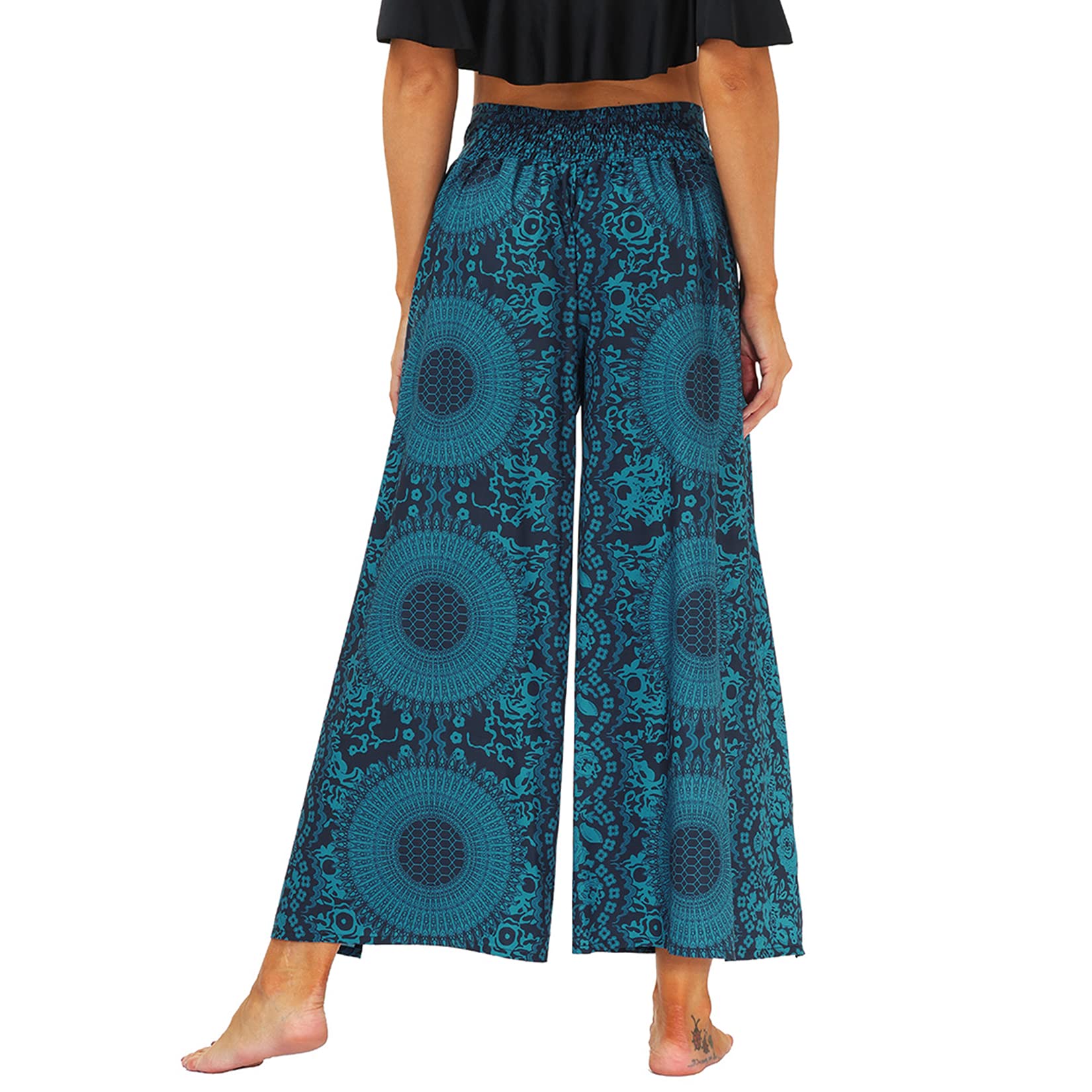 Lu's Chic Women's Boho Gaucho Pants Wide Leg Harem Yoga Flowy Bohemian Side Split Palazzo Lounge Casual Printed Slitted Slits Beach Summer Navy Floral Pant Patterned1 Small-Medium