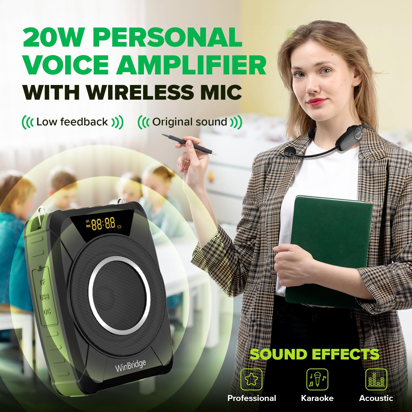 Portable Bluetooth Voice Amplifier with Wireless Mic Headset, Waterproof Personal Microphone with Speaker Portable PA System, 20W Loudly Megaphone for Teachers, Safety Drills, Outdoors Indoors