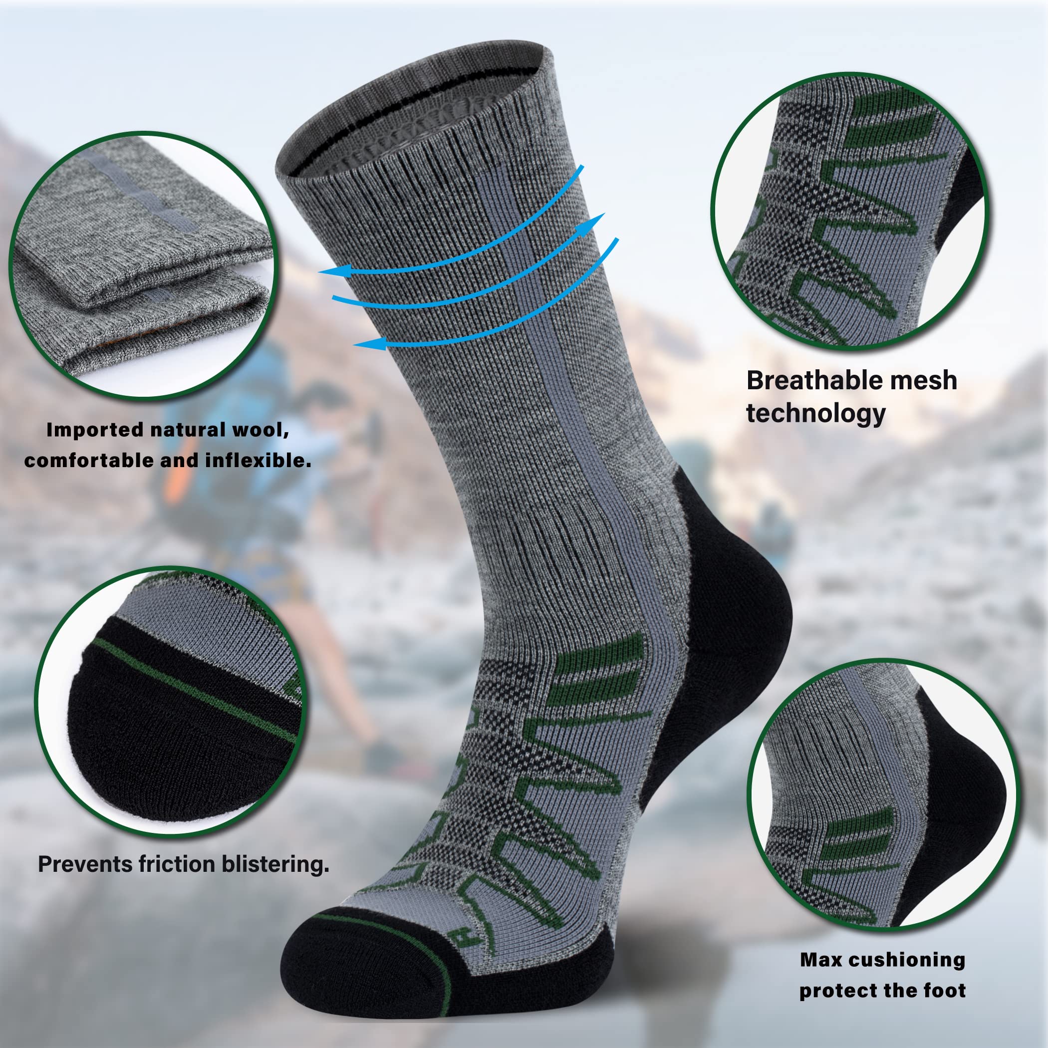 Merino Wool Hiking Socks for Cold Weather Socks Thermal Warm Crew Winter Boot Cushion Socks