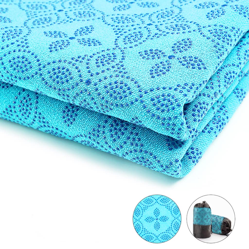 POKIVIR - Yoga Towel, Hot Yoga Mat Towel - Sweat Absorbing Non-Slip for Hot Yoga, Pilates and Workout, 24x72 inches with Upgraded Clover-Shaped Grip Dots (Light Blue)