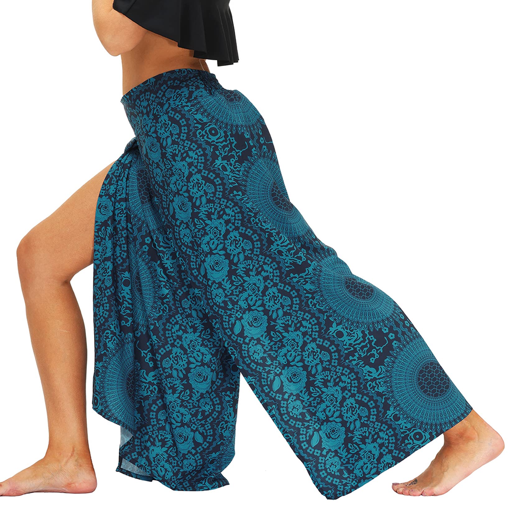 Lu's Chic Women's Boho Gaucho Pants Wide Leg Harem Yoga Flowy Bohemian Side Split Palazzo Lounge Casual Printed Slitted Slits Beach Summer Navy Floral Pant Patterned1 Small-Medium