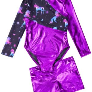 winying Kids Girls Long Sleeve Unitard Bodysuit with Shorts Fitness Gymnastic Leotard Dancewear Purple 6 Years