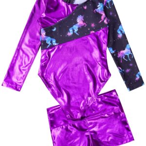 winying Kids Girls Long Sleeve Unitard Bodysuit with Shorts Fitness Gymnastic Leotard Dancewear Purple 6 Years