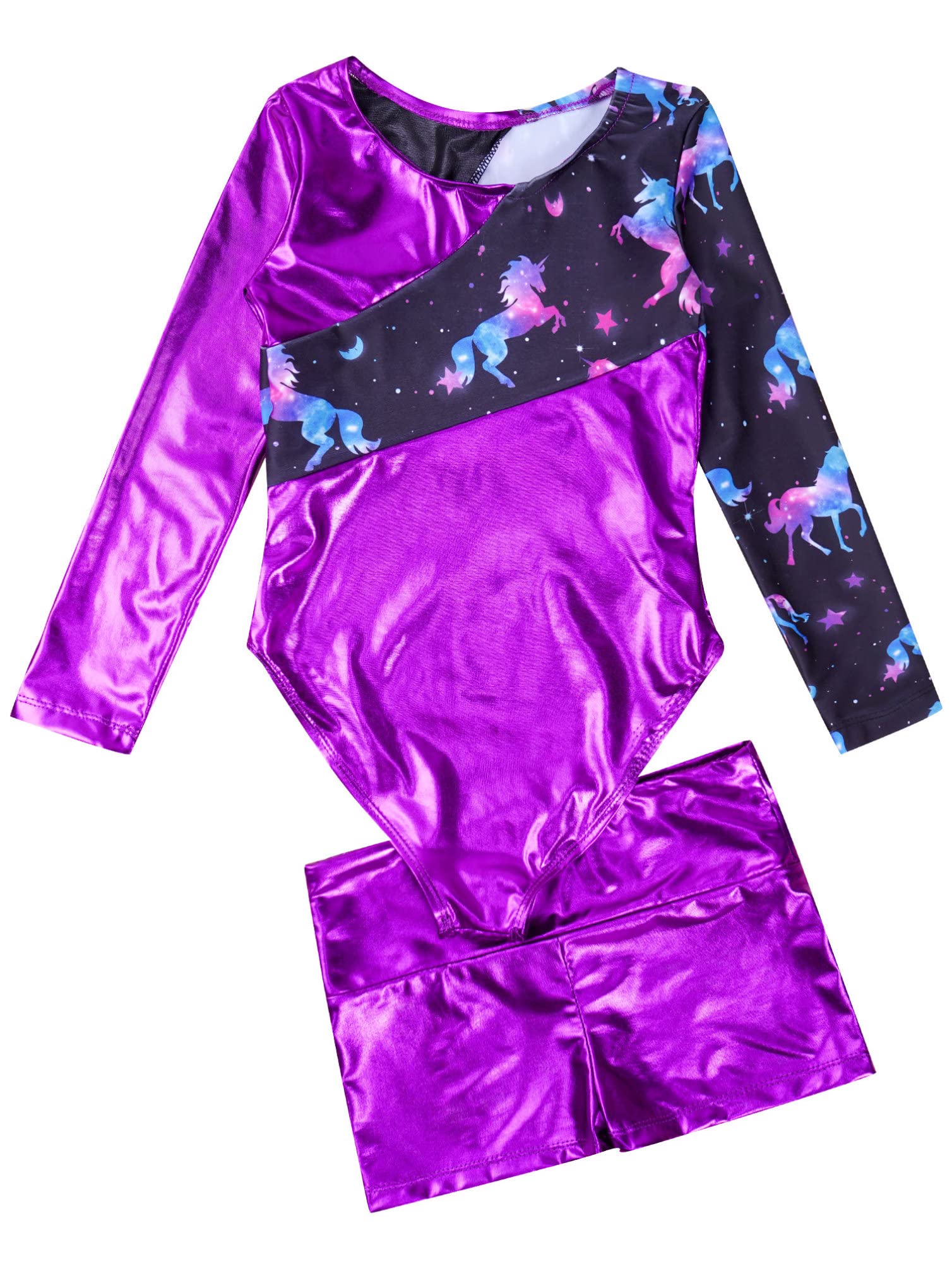 winying Kids Girls Long Sleeve Unitard Bodysuit with Shorts Fitness Gymnastic Leotard Dancewear Purple 6 Years