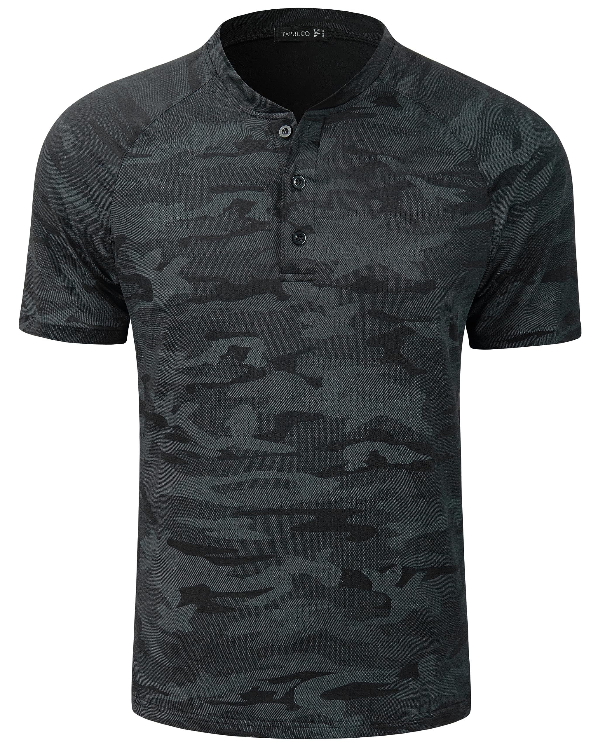 TAPULCO Men's Collarless Golf Shirts Casual Summer Quick Dry Tech Performance Athletic Sports Tee Fashionable Patterned Active Tshirts Camo Black X-Large