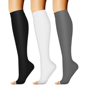 charmking 3 pairs open toe compression socks for women & men circulation 15-20 mmhg is best for all day wear running nurse (03 black/white/grey, l/xl)