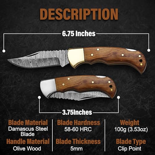 Huntex Smith Pocket Knife for men,6.75 Inch Hunting Knife with Leather Sheath Damascus Pocket knives best for Outdoor & Indoor,Camping, Hiking,Survival and Skinning(Olive-Wood)