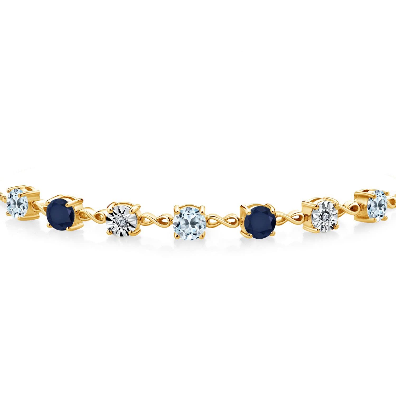 Gem Stone King 3.31 Ct Round Sky Blue Topaz Blue Sapphire 18K Yellow Gold Plated Silver Lab Grown Diamond Tennis Bracelet For Women (Fully Adjustable Up to 9 Inch)