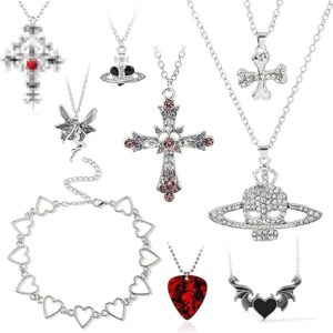 9pcs gothic grunge necklace set goth punk rock vintage harajuku silver chain necklace jewelry accessories, cross saturn thorns gothic angel heart wing chain choker necklace for women (9pcs a)