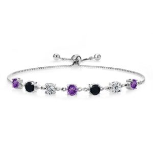 Gem Stone King 925 Sterling Silver Round Purple Amethyst Black Onyx and Lab Grown Diamond Tennis Bracelet For Women (2.39 Cttw, Gemstone Birthstone, Fully Adjustable Up to 9 Inch)